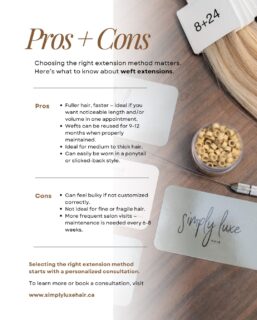 Hair extensions are not “one size fits all”. 

The best method for you depends on your hair and lifestyle. Swipe to learn the pros and cons of wefts, tape-ins, and K-tip extensions. 

Need more information? Message me to set up a virtual or in-person consultation.